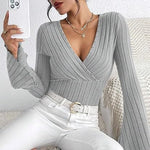 Rib Sunken Stripe V-neck Flared Slim-fit Top