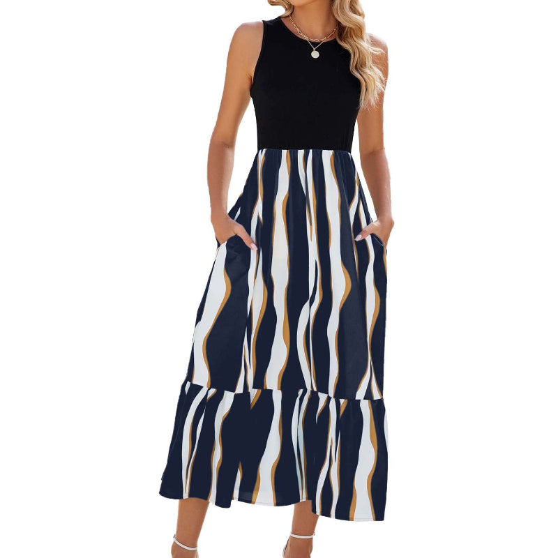 Sleeveless Wavy Stripe Tiered Midi Dress - black