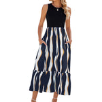 Sleeveless Wavy Stripe Tiered Midi Dress - black