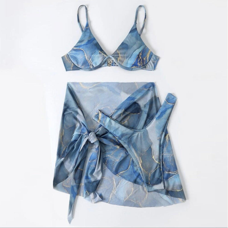 Marble patterned three piece bikini set