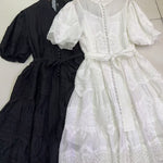Pearl-Button Broderie Lace Puff-Sleeve Mini Dress - black