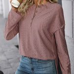 Eyelet Round Neck Long Sleeve Top -runwayfashionista.com