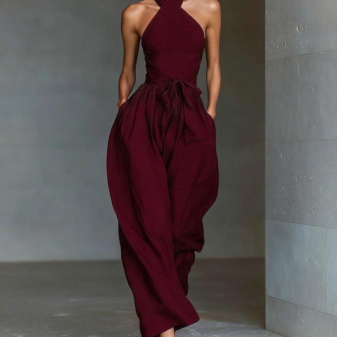 Linen Cross-Strap Wide-Leg Jumpsuit - wine red