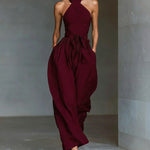 Linen Cross-Strap Wide-Leg Jumpsuit - wine red