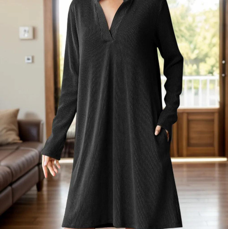 Notched long sleeve mini dress - runwayfashionista.com