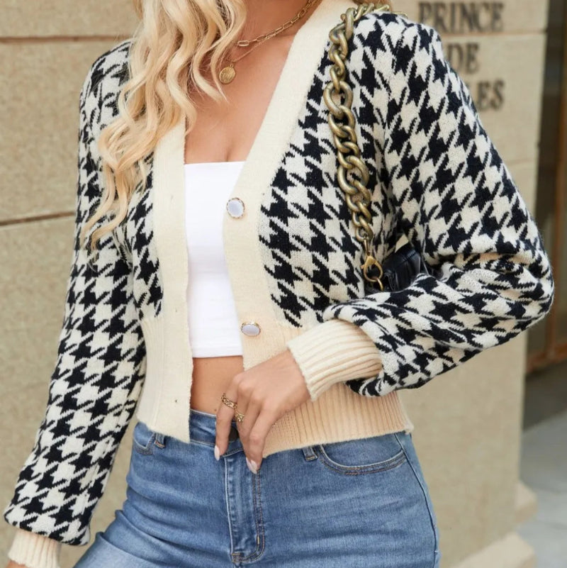 Houndstooth Button Up Long Sleeve Cardigan - runwayfashionista.com