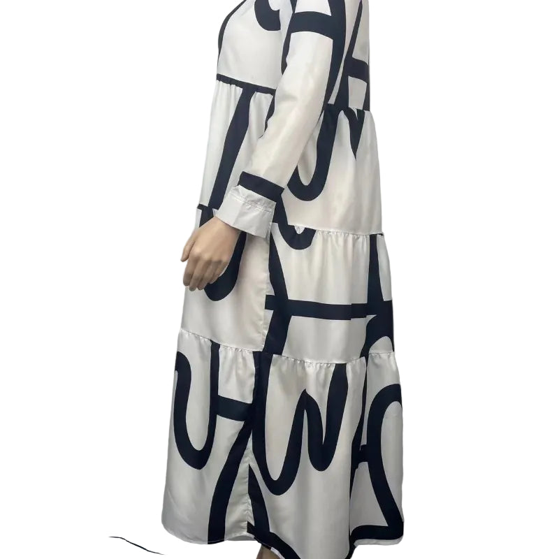 Black and White Abstract Print Tiered Maxi Dress
