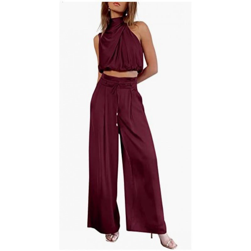 Casual Sleeveless Midriff-baring Top And Wide Leg Pants 2pcs Set - maroon