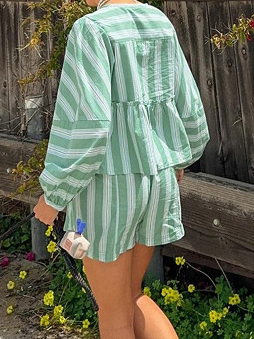 Casual striped lace up lantern sleeve set