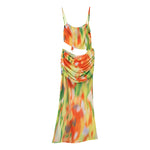 A backless strapless beach dress with a gradient floral pattern.