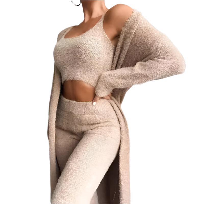 Short Crop Top Cardigan Trousers Three-piece Set