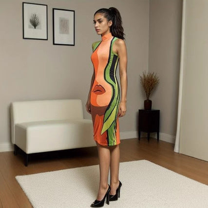 High Neck Lip Print Fitted Midi Dress