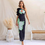 Model wearing white one shoulder slim fit printed tulle midi dress with high waist and gentle elegance