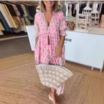  V-Neck Ruffle Long Dress Beach - pink