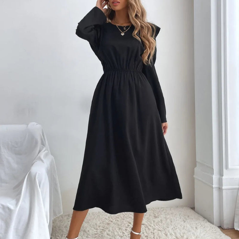Ruched Ruffled Round Neck Long Sleeve Dress - runwayfashionista.com