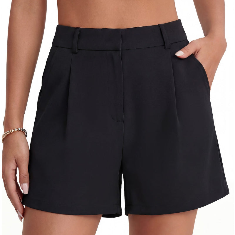 Pleated High-Waist Tailored Shorts- black