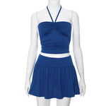 Sleeveless Tube Top And Pleated Skirt Set - blue