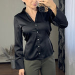 Black Satin-Finish Gold-Button Fitted Long-Sleeve Shirt