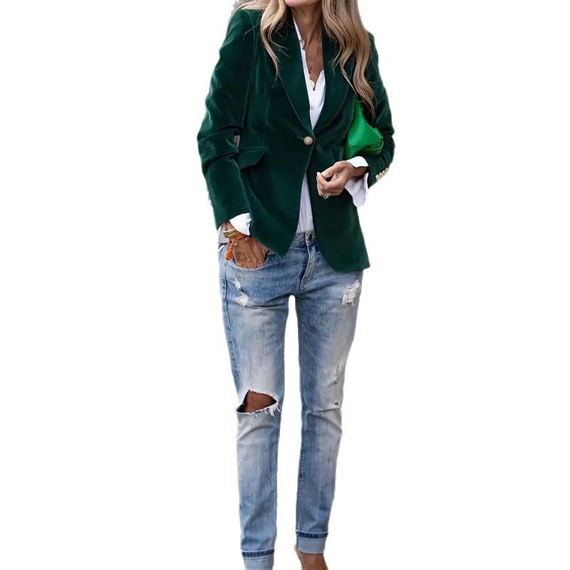 Luxe Velvet Single-Breasted Slim Fit Jacket - green