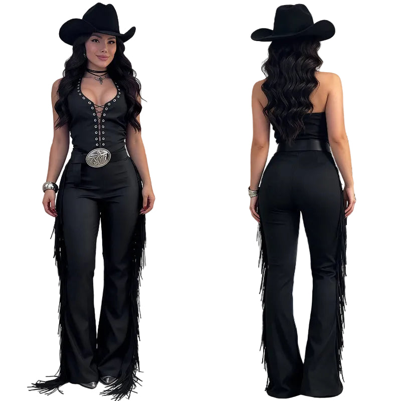 Lace-Up Halter Fringe Wide-Leg Jumpsuit