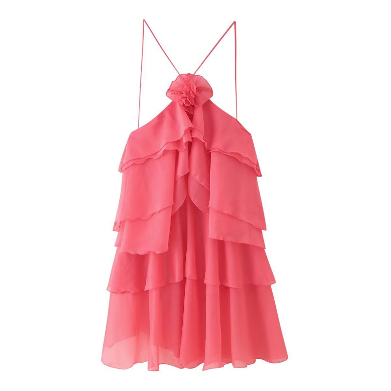 A sleeveless, strapless short dress with layered ruffles, a V-neck, and a mid-waist fit.