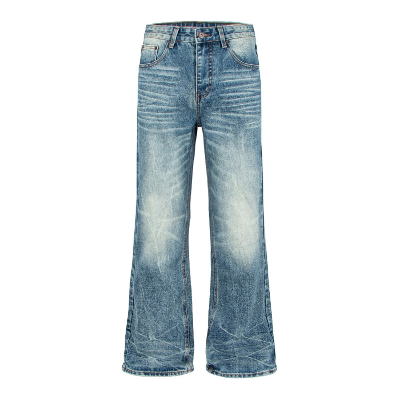 Retro Distressed Cat-Whisker Bamboo Stripe Flared Jeans - blue