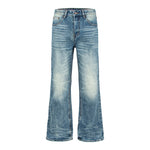 Retro Distressed Cat-Whisker Bamboo Stripe Flared Jeans - blue