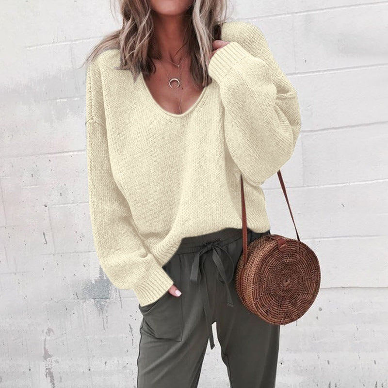 Sweater V-neck Long sleeved Loose Pullover - runwayfashionista.com