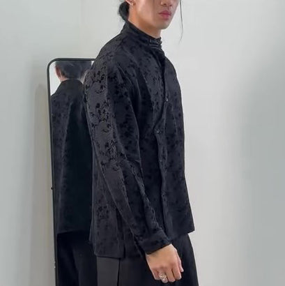 Black Jacquard Mandarin Collar Top With Asymmetric Button Placket