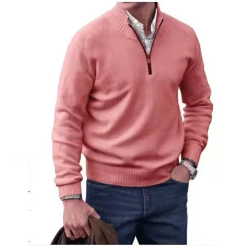 Zipper Stand Collar Knitted Sweater - pink