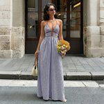 Deep V-neck Striped Maxi Dress - black