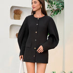 Chic Bubble Sleeve Suit Jacket & Round Neck Dress: The Pinnacle of Commuter Elegance - black