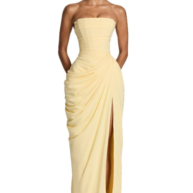French Style Romantic Strapless Pleated Slit Maxi Dress