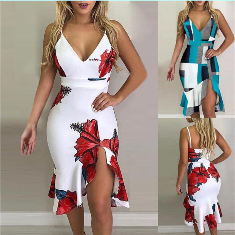 Printed V-Neck Split Midi Dress