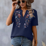 Fashion Flowers Embroidery Short Sleeve T-shirt - navy blue