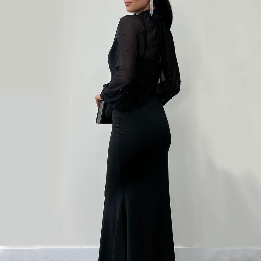 Halter Neck Mesh Beaded Suspender Maxi Dress Two-piece Set - black