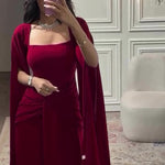 Elegant Burgundy Square - Neck CapeMaxi Dress