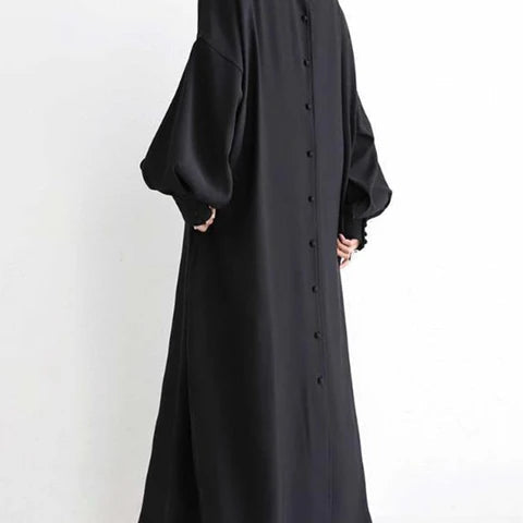 Black or apricot lantern sleeve single-breasted long dress made of chiffon with a solid color, round neck, puff long sleeves, and loose waist, available in one size.