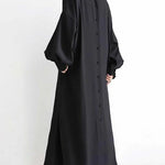 Black or apricot lantern sleeve single-breasted long dress made of chiffon with a solid color, round neck, puff long sleeves, and loose waist, available in one size.