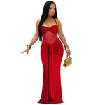 Sheer Mesh Halter Tie-Back Maxi Dress - red