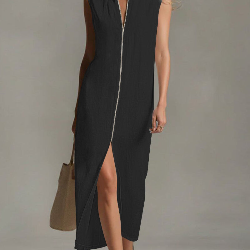 Sleeveless Stand Collar Zip Front Maxi Dress - black