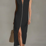 Sleeveless Stand Collar Zip Front Maxi Dress - black