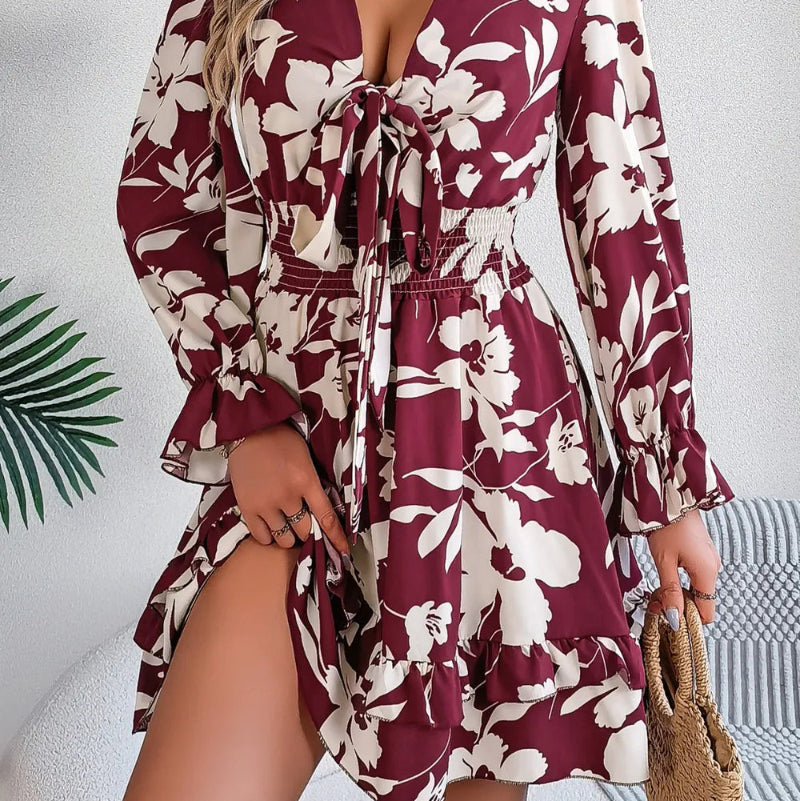 Tied Ruffled Printed Long Sleeve Dress - runwayfashionista.com