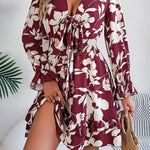 Tied Ruffled Printed Long Sleeve Dress - runwayfashionista.com