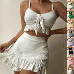Broderie Anglaise Tie-Front Crop Top, Bikini Bottom & Ruffle Mini Skirt 3-Piece Beach Set - white
