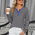 Striped Notched Long Sleeve T-Shirt - runwayfashionista.com