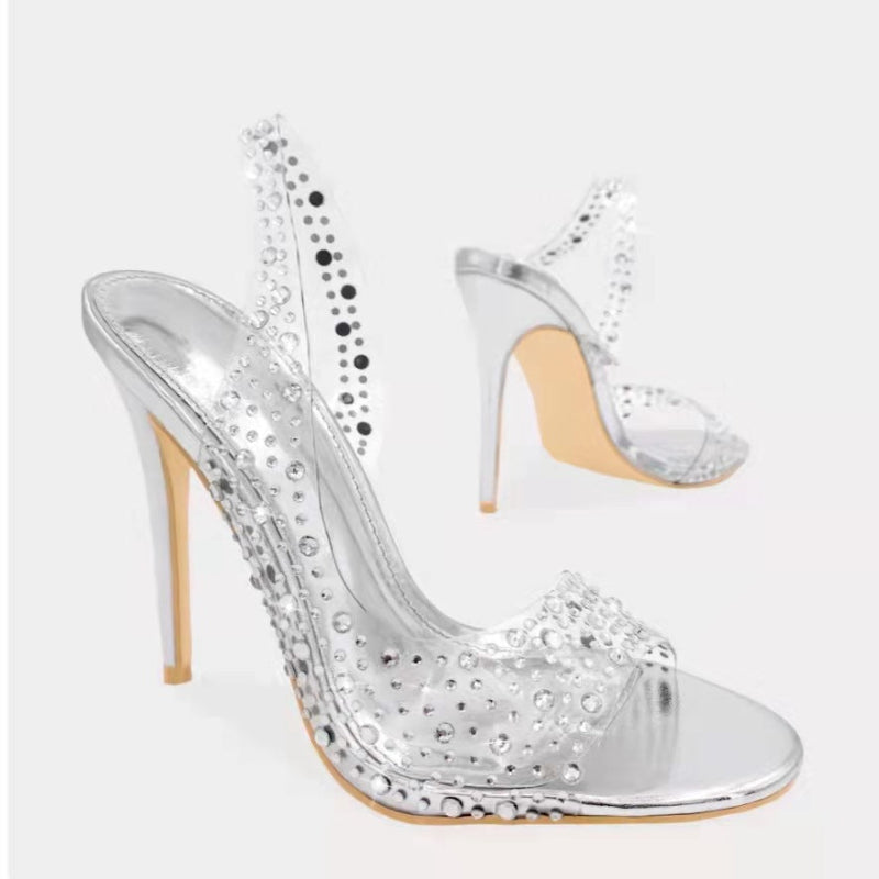 Embellished Clear Strap Metallic Stiletto Sandals - silver