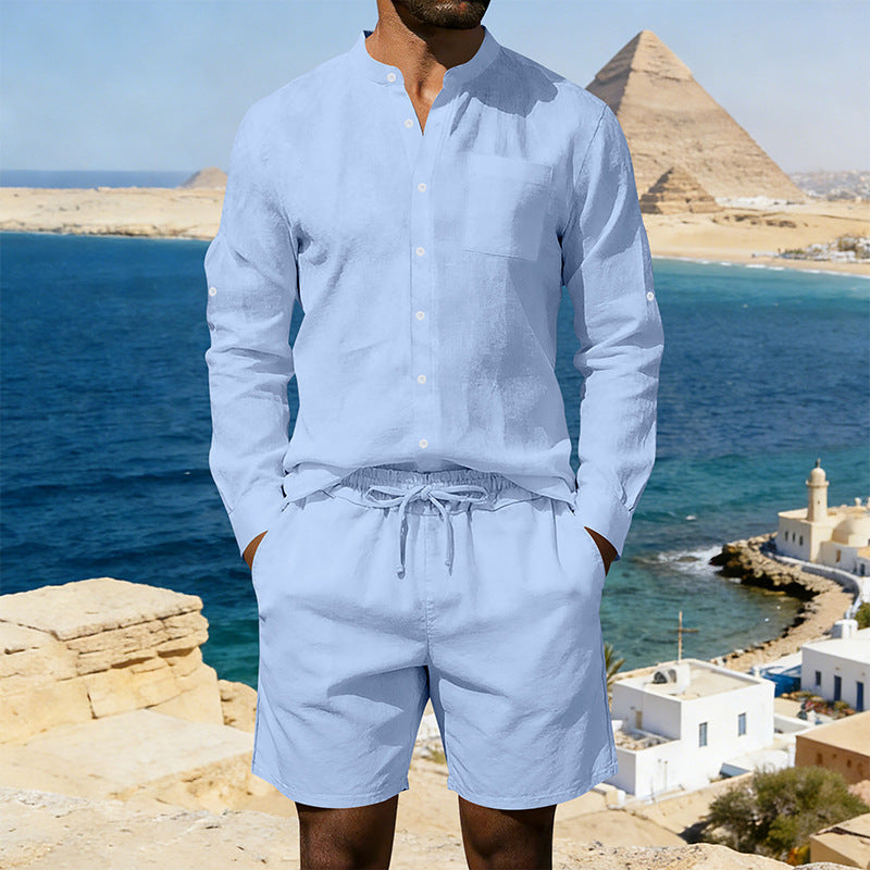 Casual Linen Shirt And Shorts Set - light blue