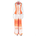 Backless printed long dress set with a halter neckline, a two-piece set for women, available in orange and navy blue.