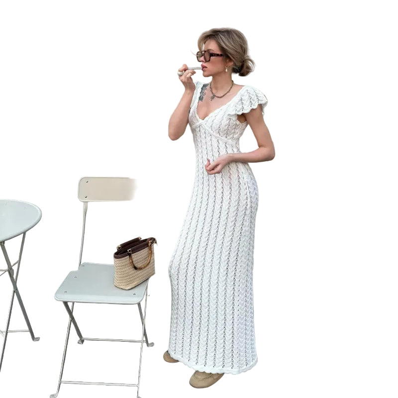 Flutter Sleeve V-Neck Openwork Maxi Dress - white
